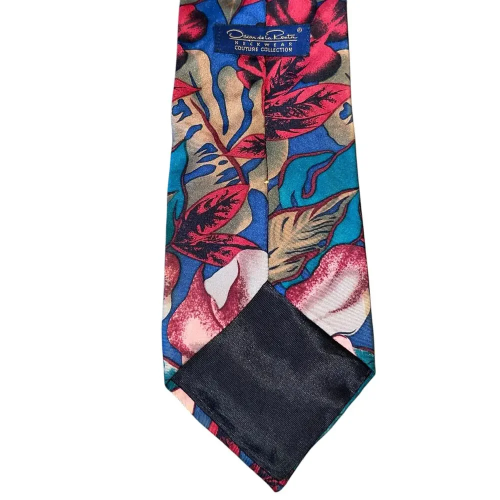 Oscar de la Renta VTG Neck Tie Tropical Floral Silk Vintage Made In USA